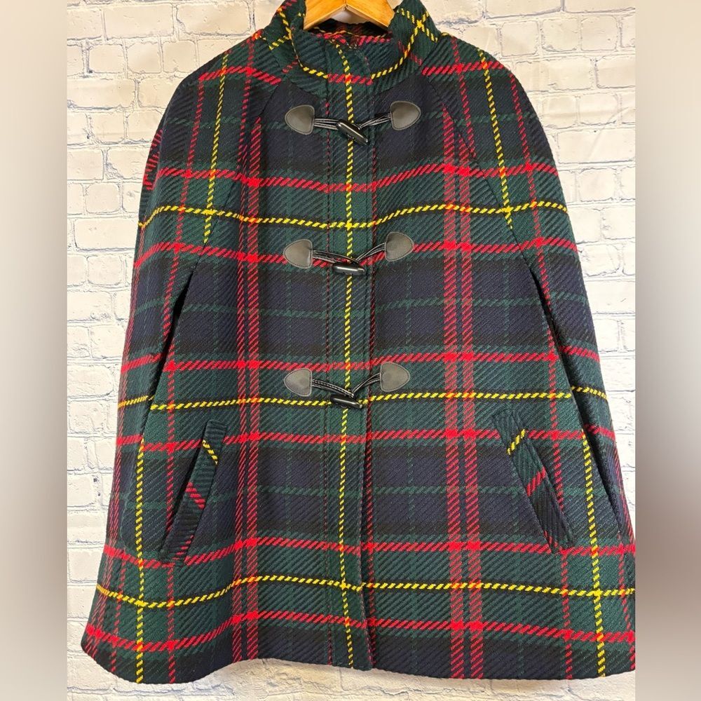 Talbots Green Red Yellow Classic Preppy Timeless Tartan Plaid Cape Coat XL